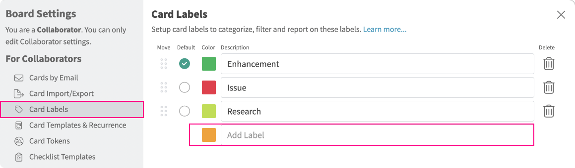 Boards - Customize Card Labels - add new label