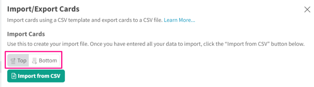 screenshot of the top/bottom options in the card import section