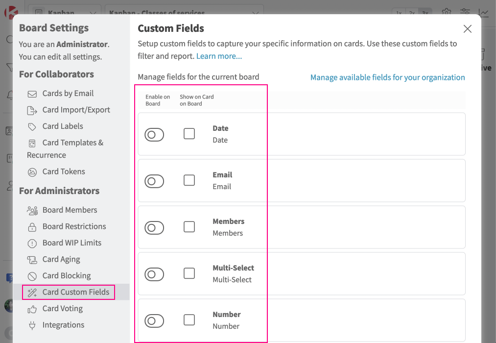 Cards - Custom Fields - enabling custom fields