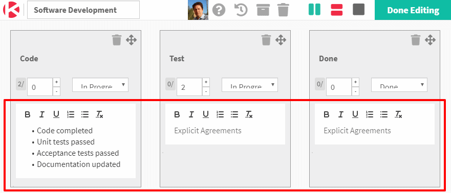 editing explicit agreements Code column - Kanban Zone