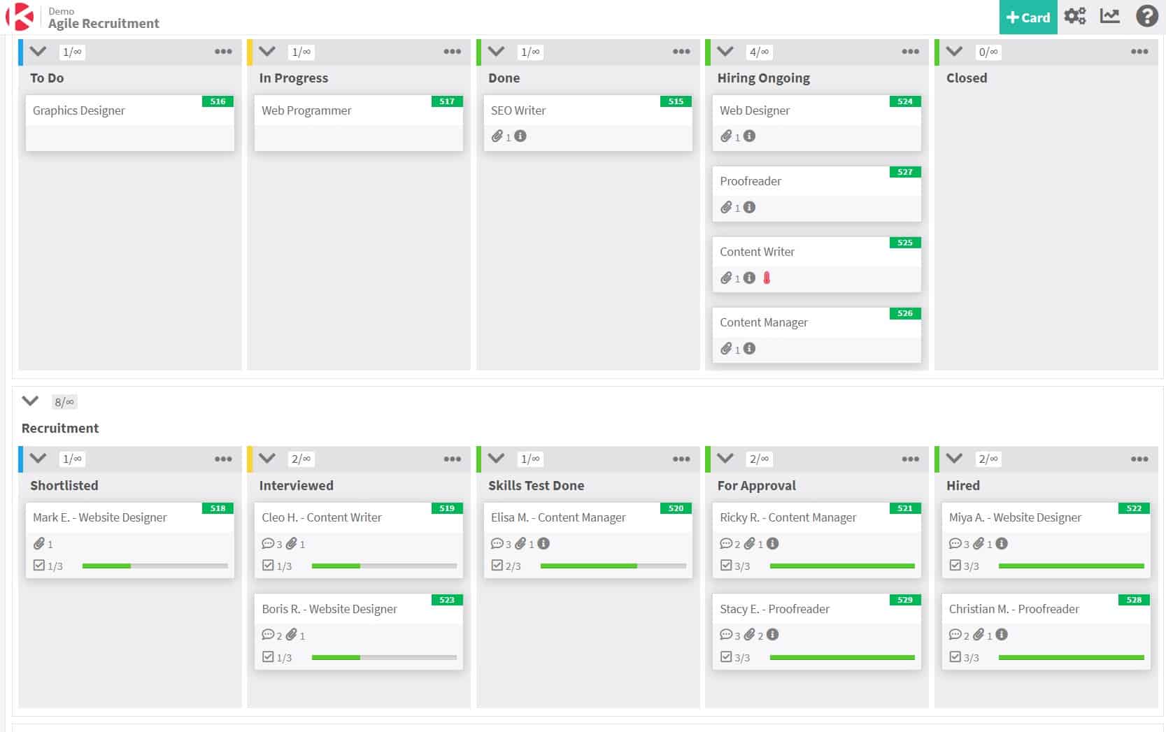 Sample Kanban board for recruitment