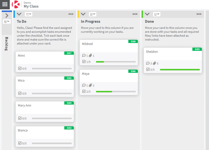 sample class kanban board