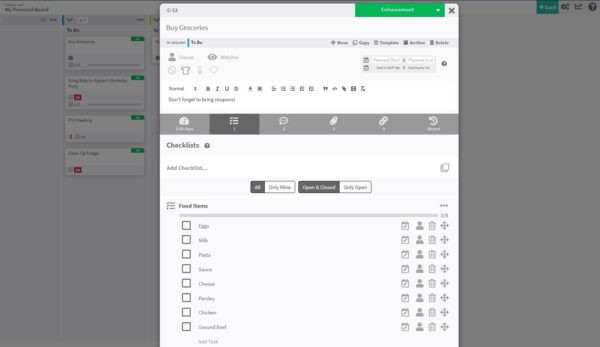 Example of a personal kanban board checklist