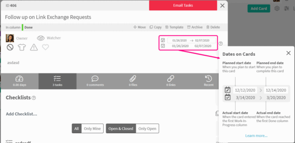 dates on card to track cycle time with Kanban Zone