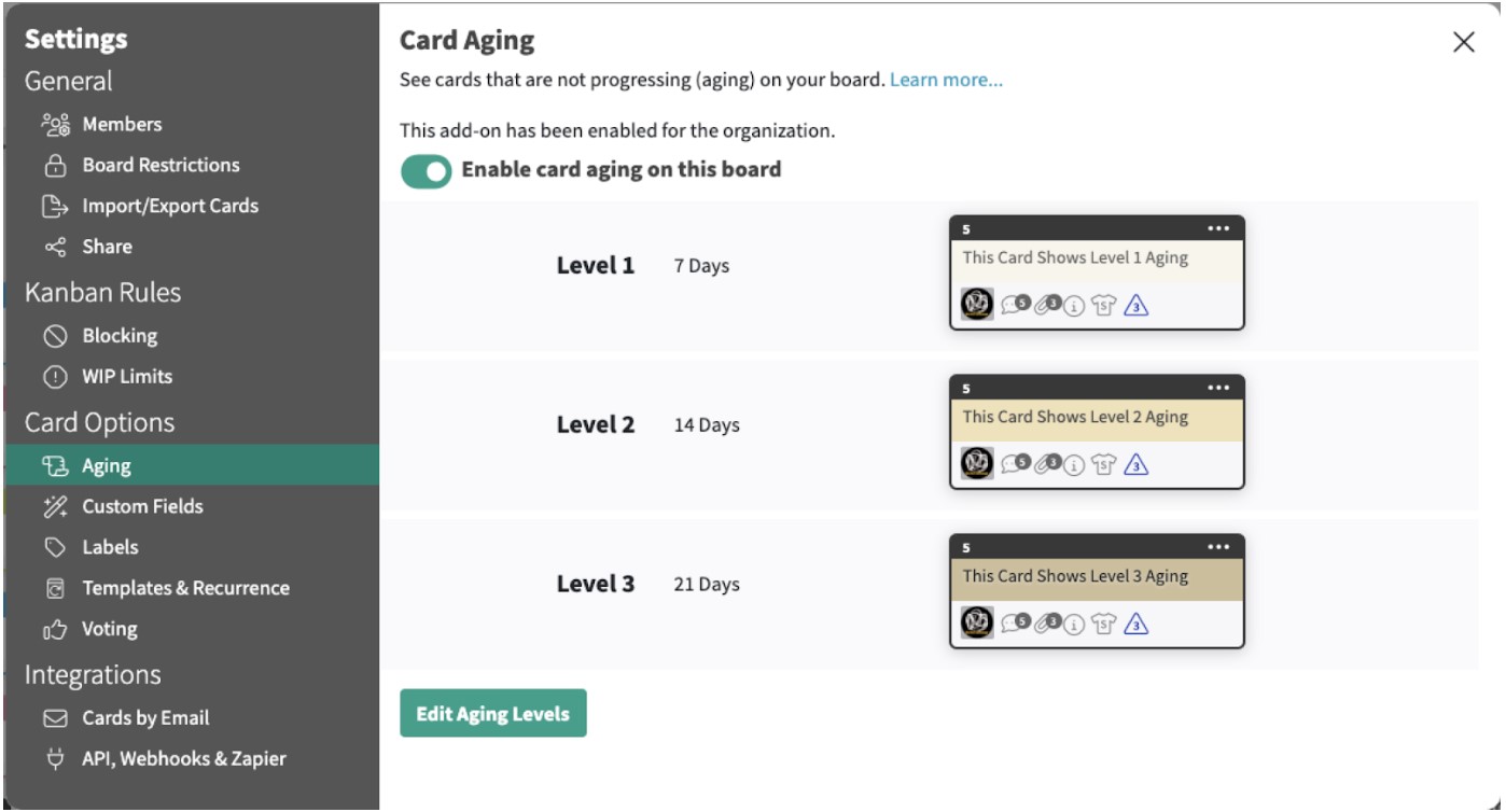 Card Aging settings at Kanban Zone