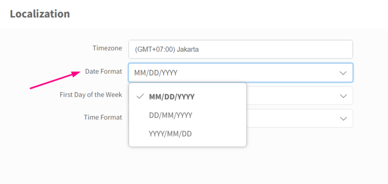 date format settings in the localization window