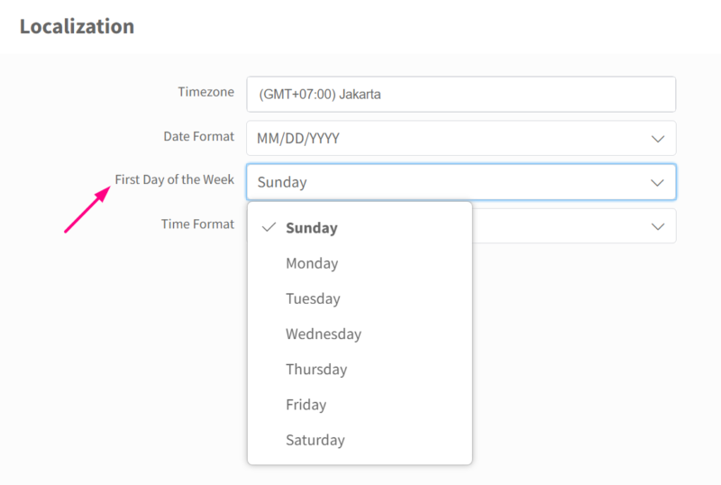 first day of the week settings in the localization window