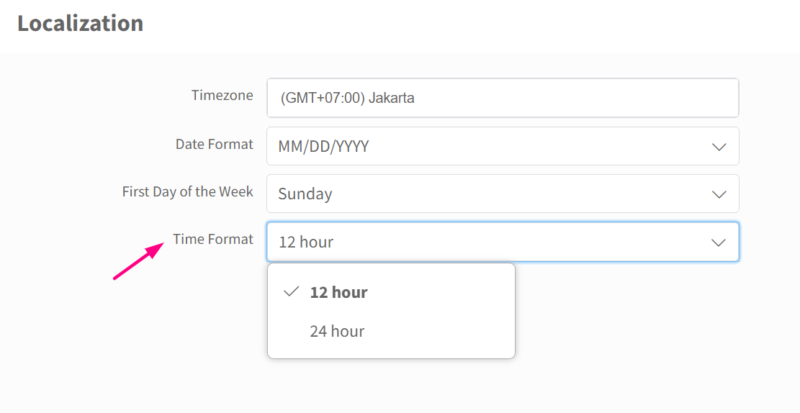 time format settings in the localization window