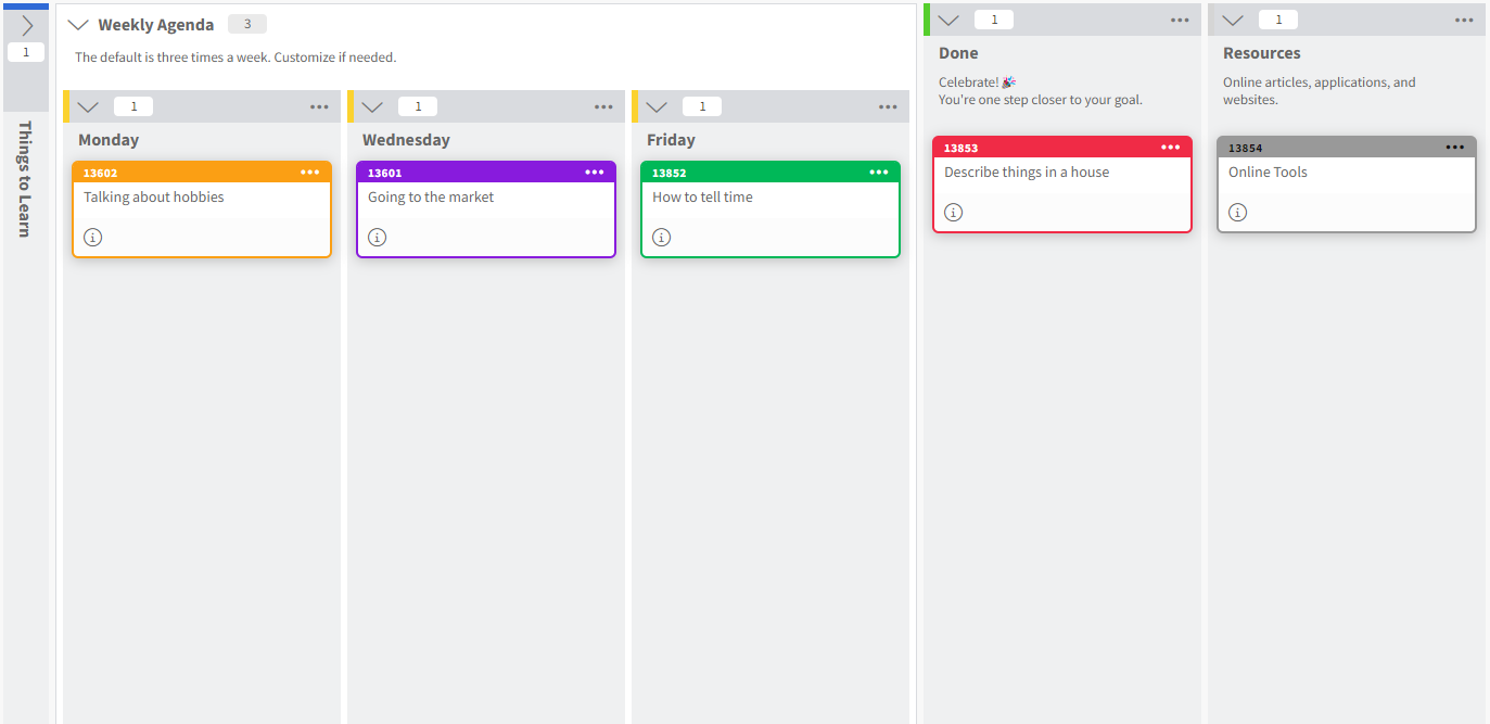 Language learning dashboard Kanban template