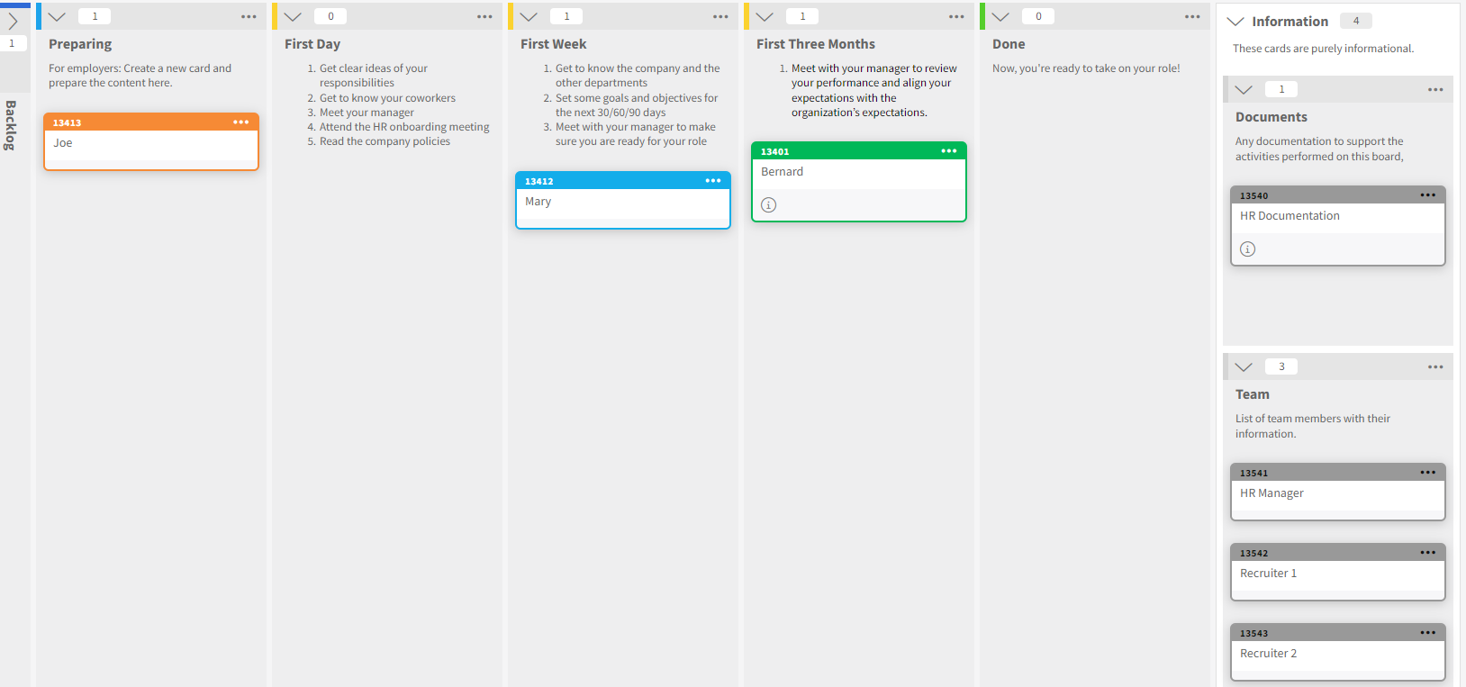 Employee onboarding board screenshot