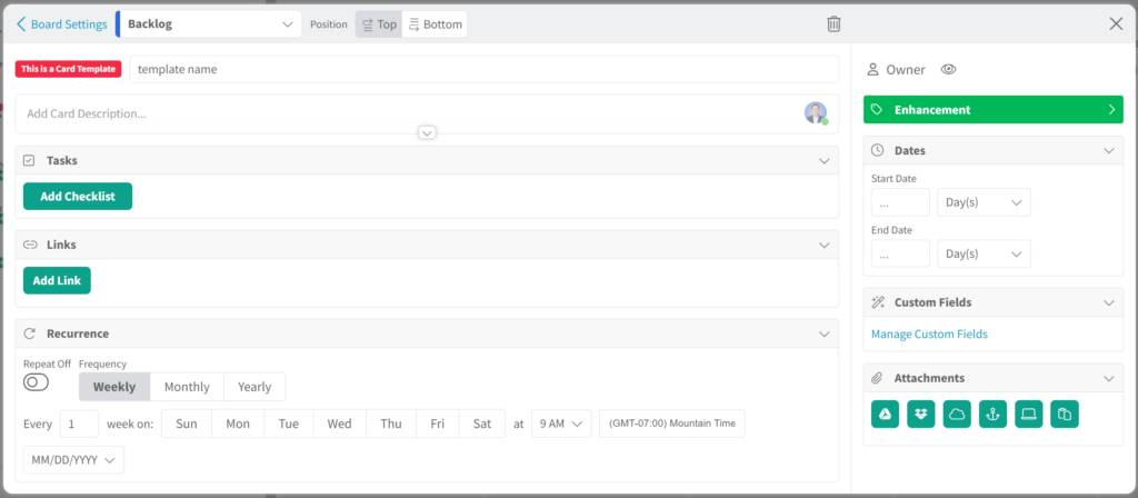 screenshot of Kanban Zone card template