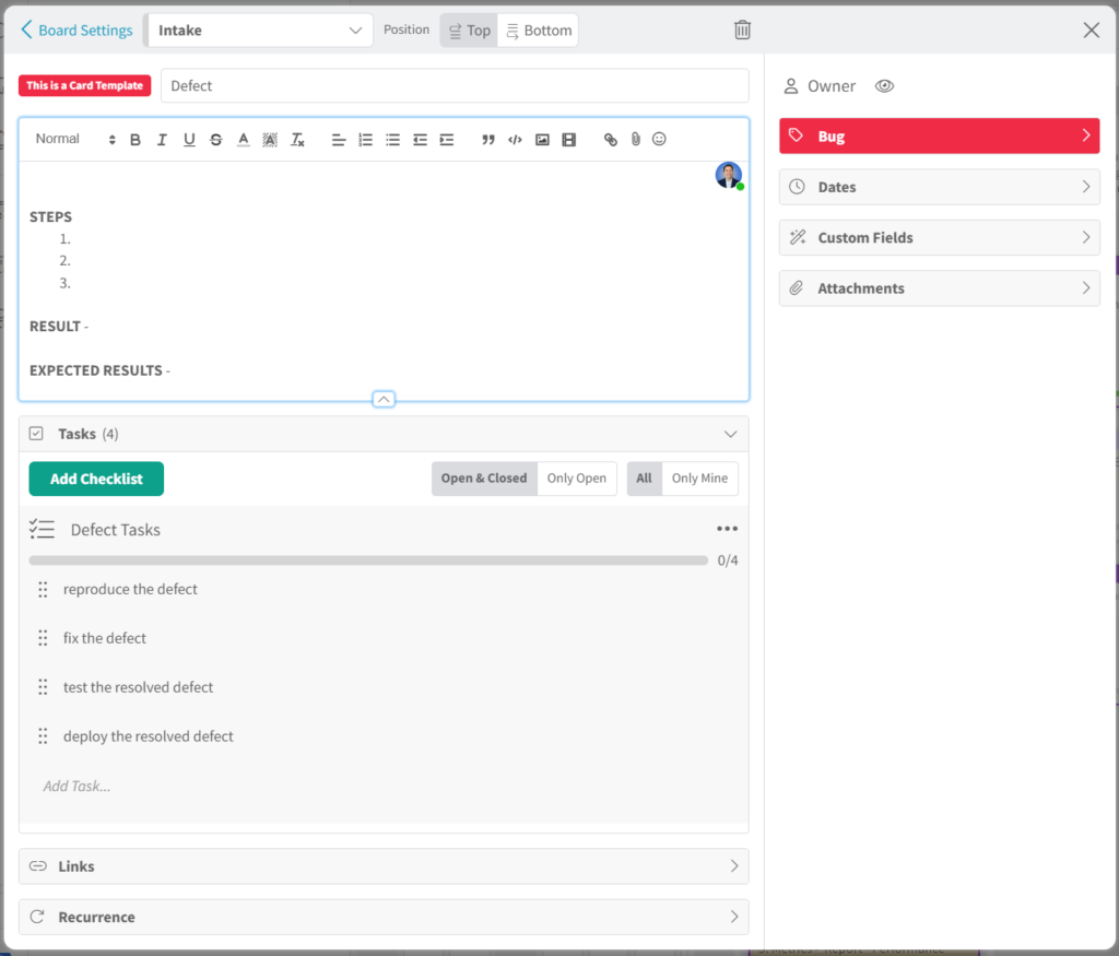 screenshot Kanban Zone card template for defect