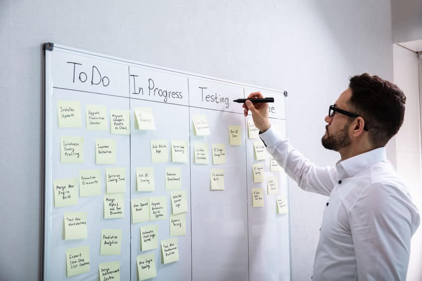 Businessman Writing On White Board with Sticky Notes