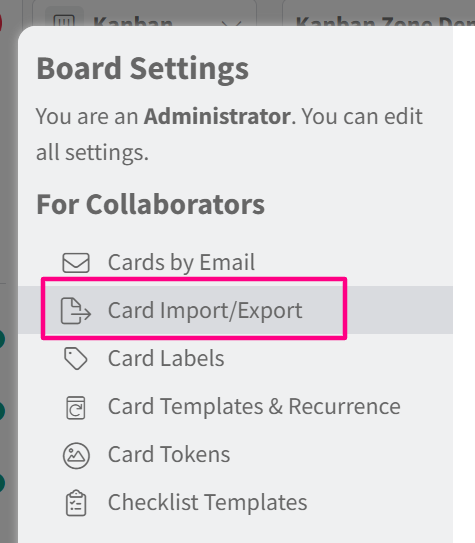 screenshot of the import/export cards menu