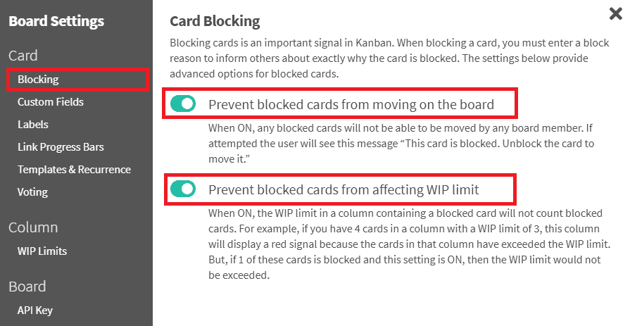 card blocking setting - kanban zone
