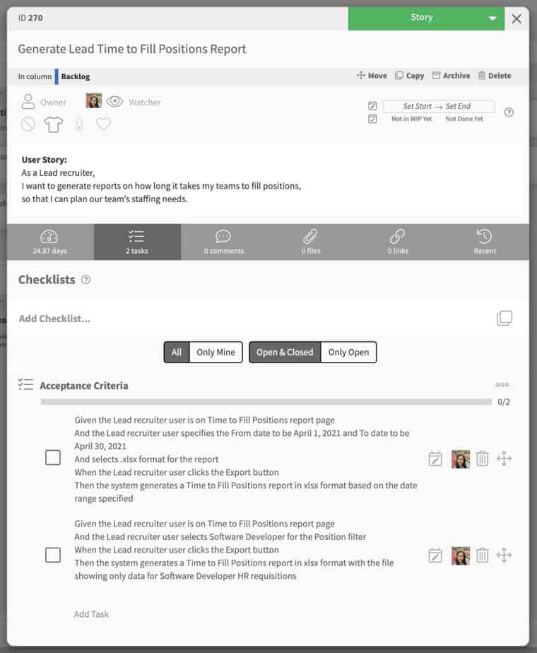 kanban user story - acceptance criteria checklist