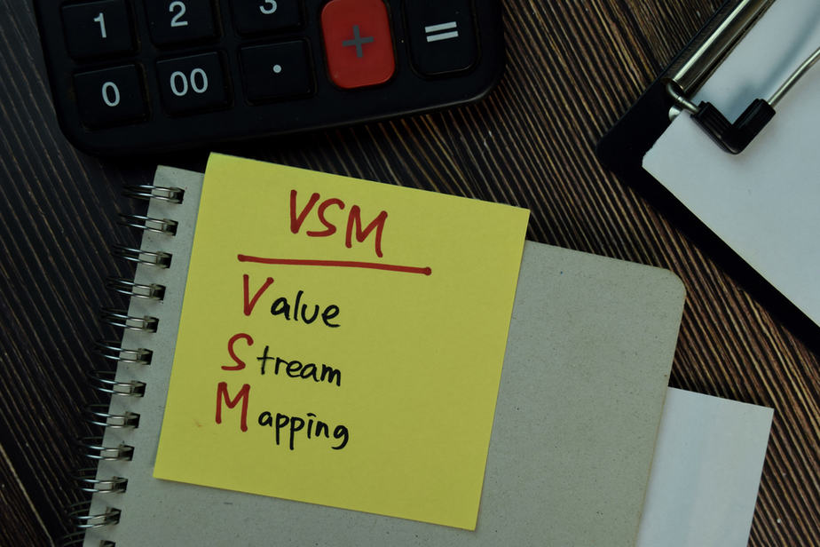 VSM - Value Stream Mapping write on sticky notes isolated on Woo