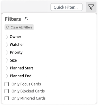 Summary Zone - Card Filters menu