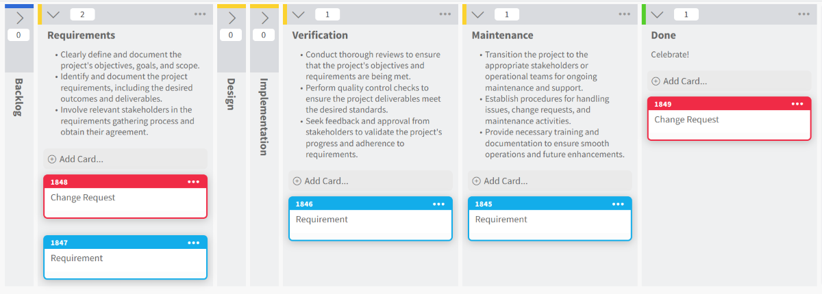 Waterfall Project Management template board screenshot